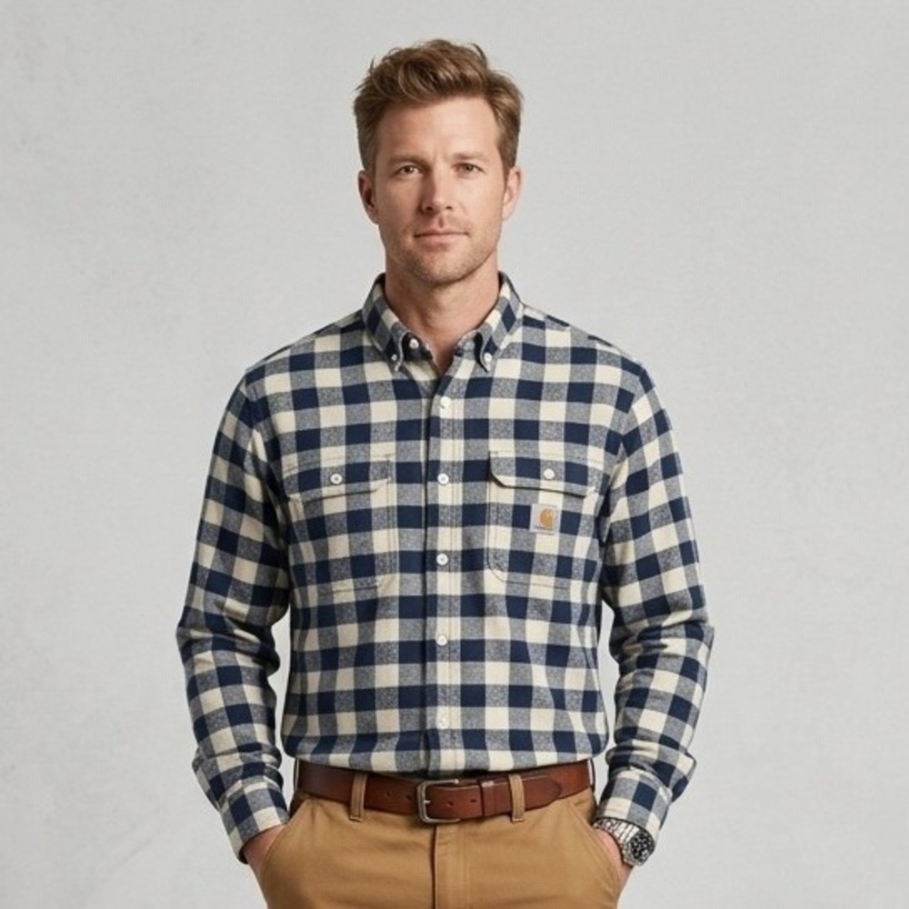 Carhartt Mens Relaxed Fit Rugged Flex Plaid Button Down Shirt Navy Blue XL